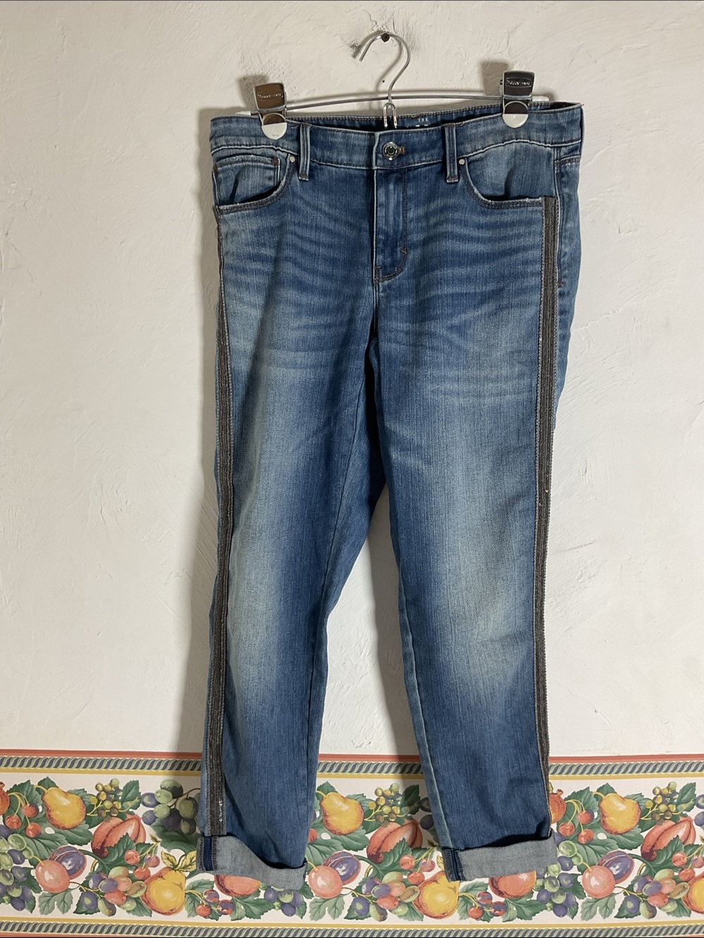 WHBM the Girlfriend Metallic Sequin Side Stripe Denim Jeans Size 4